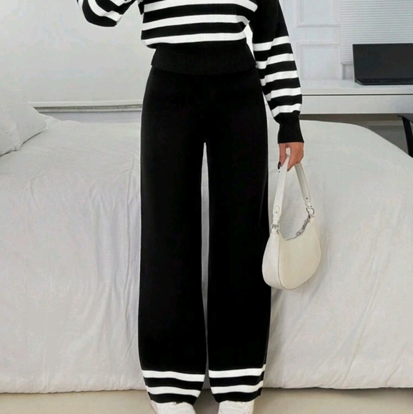 2-Piece Elegant Knit Set: High Collar Striped Print Long Sleeve Top & Long Pants - Picture 5 of 6